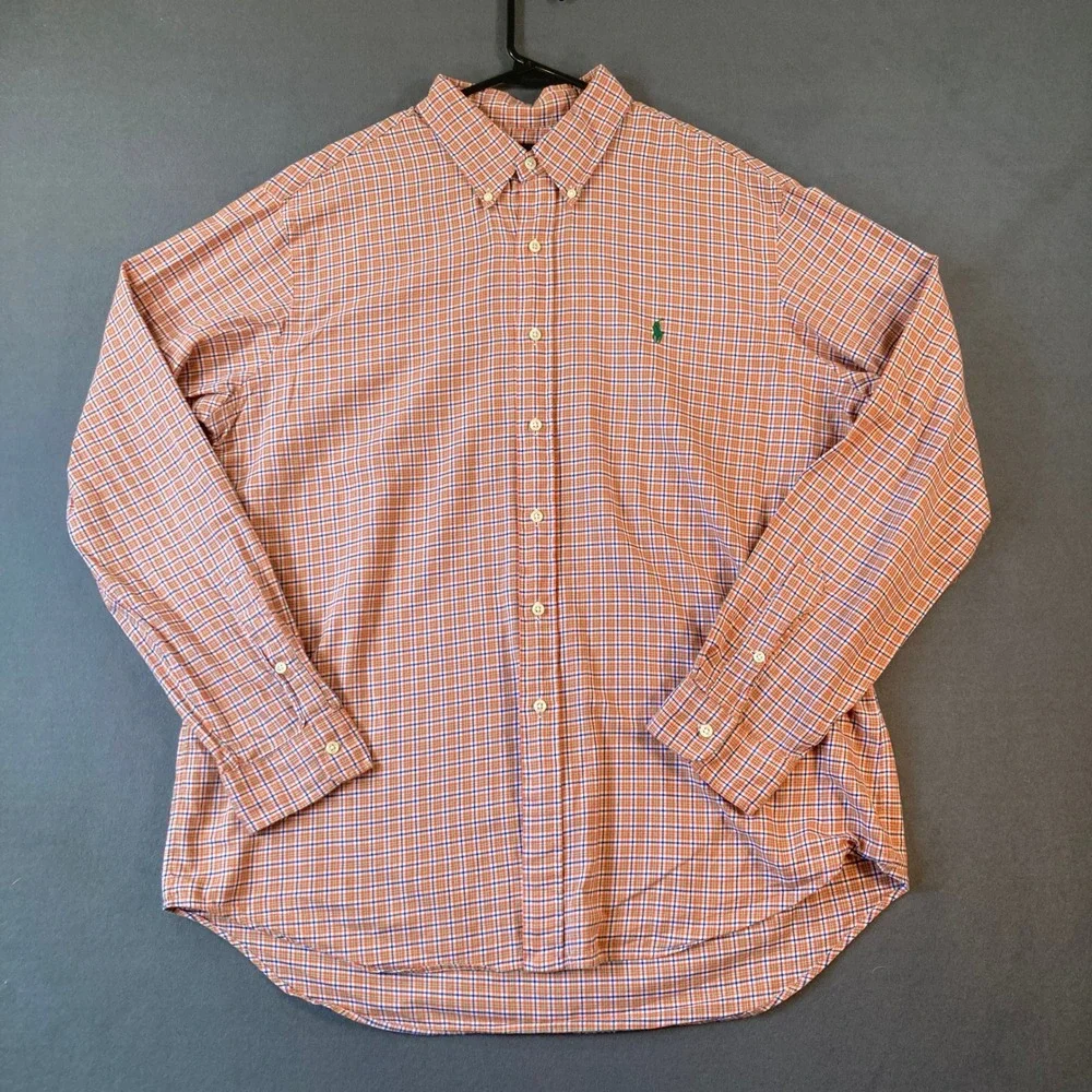 Polo Ralph Lauren Mens XL Orange Blue Plaid Button Down Shirt Cotton Long Sleeve